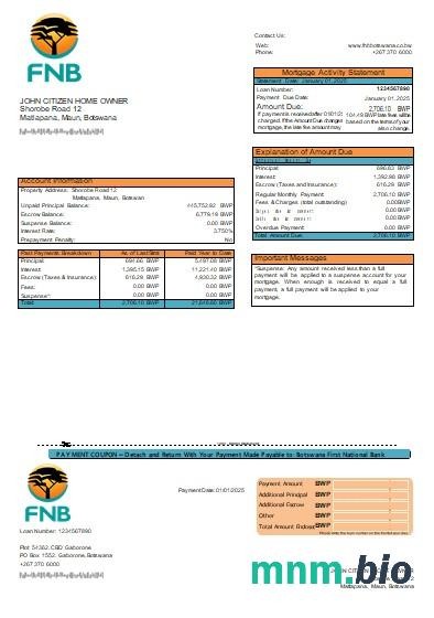 Botswana First National Bank wyciąg z kredytu hipotecznego szablon Word i PDF